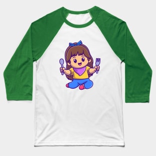 Cute Girl Holding Spoon And Fork Cartoon Baseball T-Shirt